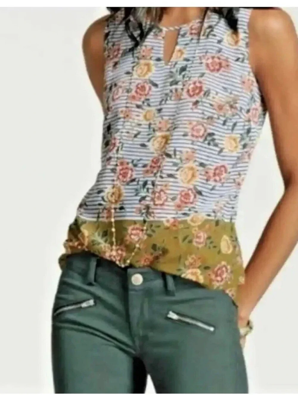 Cabi Penelope Flora Striped Tank Top Chiffon Floral Size Medium